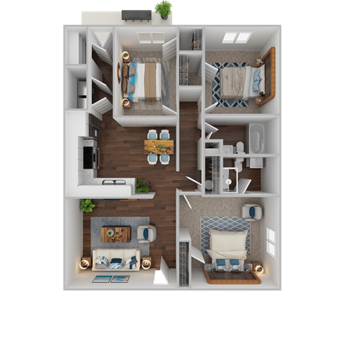 a 3d rendering of a furnished bedroom with a living room and a bathroom